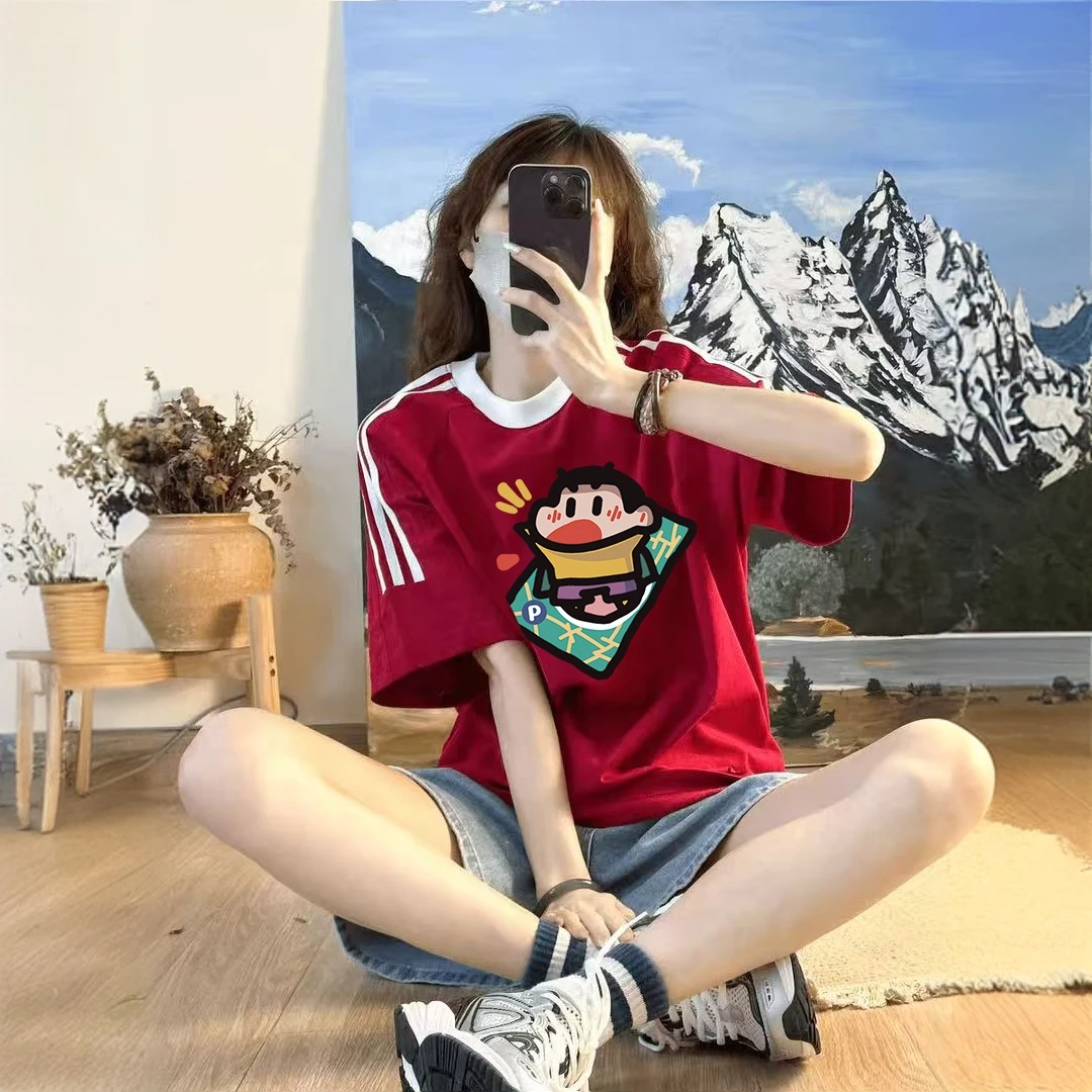 欧若风蜡笔小新三条杠纯棉短袖t恤女2025夏季宽松学生半袖上衣ins