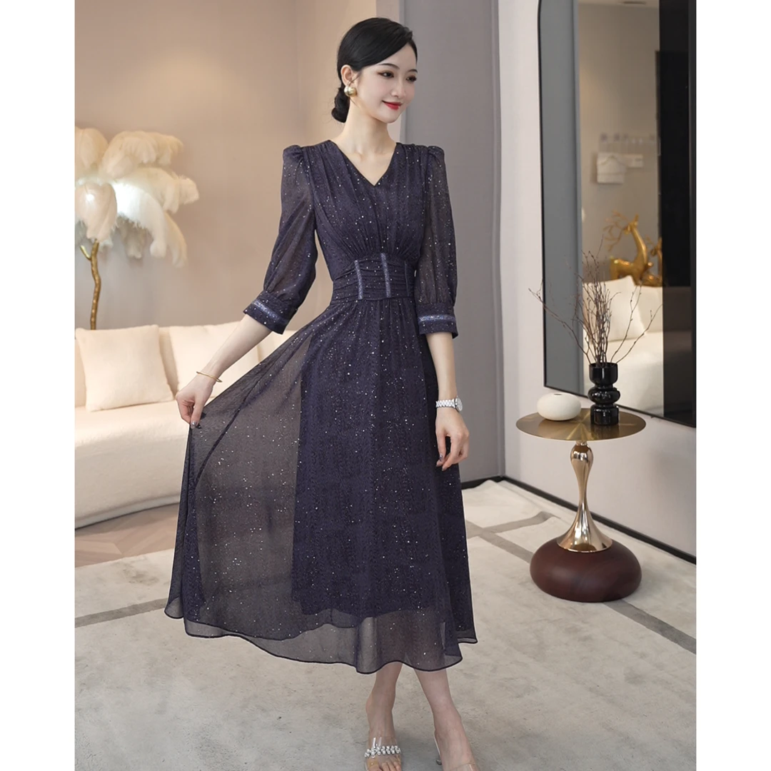 现货2025夏季新款【LT-1071】V领收腰显瘦中长款法式茶歇紫色连衣裙