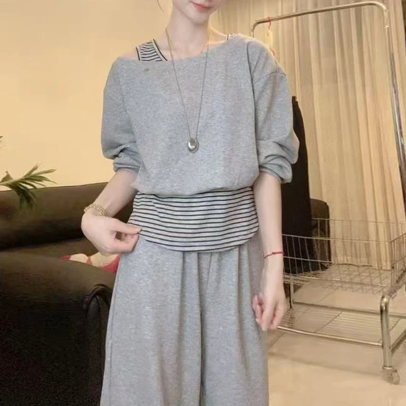 纯欲慵懒风时尚套装女2025春秋新款条纹露肩长袖卫衣阔腿裤两件套