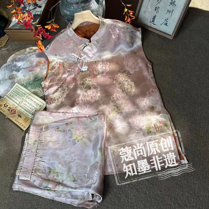 秋季新款新中式国风宽松显瘦斜襟盘扣刻花牡丹改良旗袍两件套套装