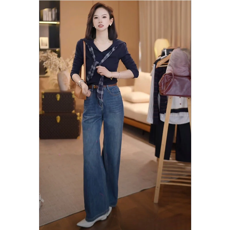 文艺时尚格子海军领长袖上衣百搭宽松牛仔裤子秋季高级感两件套装