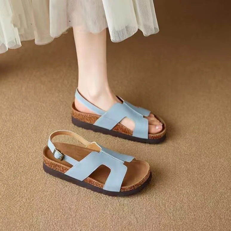 C7678 蓝色  时尚厚底轻便2025新款软木休闲露趾女凉鞋