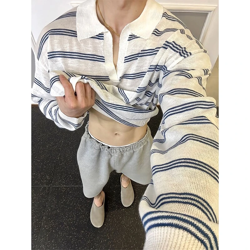 V领条纹运动防晒长袖t恤男夏季轻薄透气亨利领Polo衫薄款针织上衣