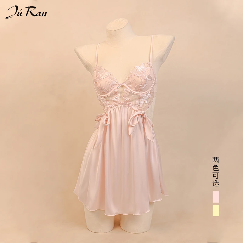 JR25SOO8法式性感刺绣蕾丝睡衣带胸垫纯欲缎面吊带睡裙女夏季