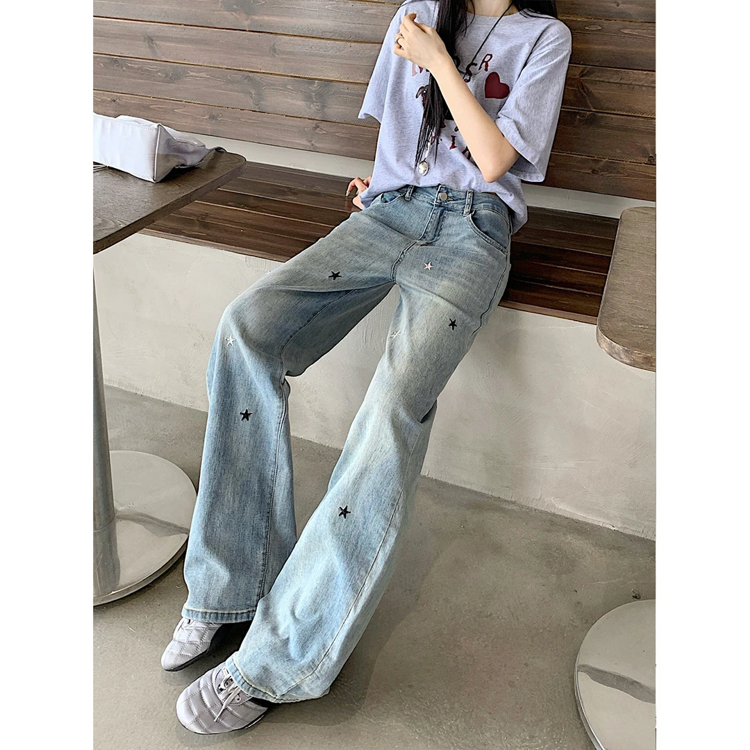 夏季新款独特刺绣高腰显瘦裤子女大码胖mm帅气牛仔裤（九分/阔腿）