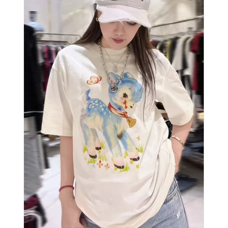 包嫂-【W025白色小鹿】休闲夏夏圆领运动印花简约情侣半袖