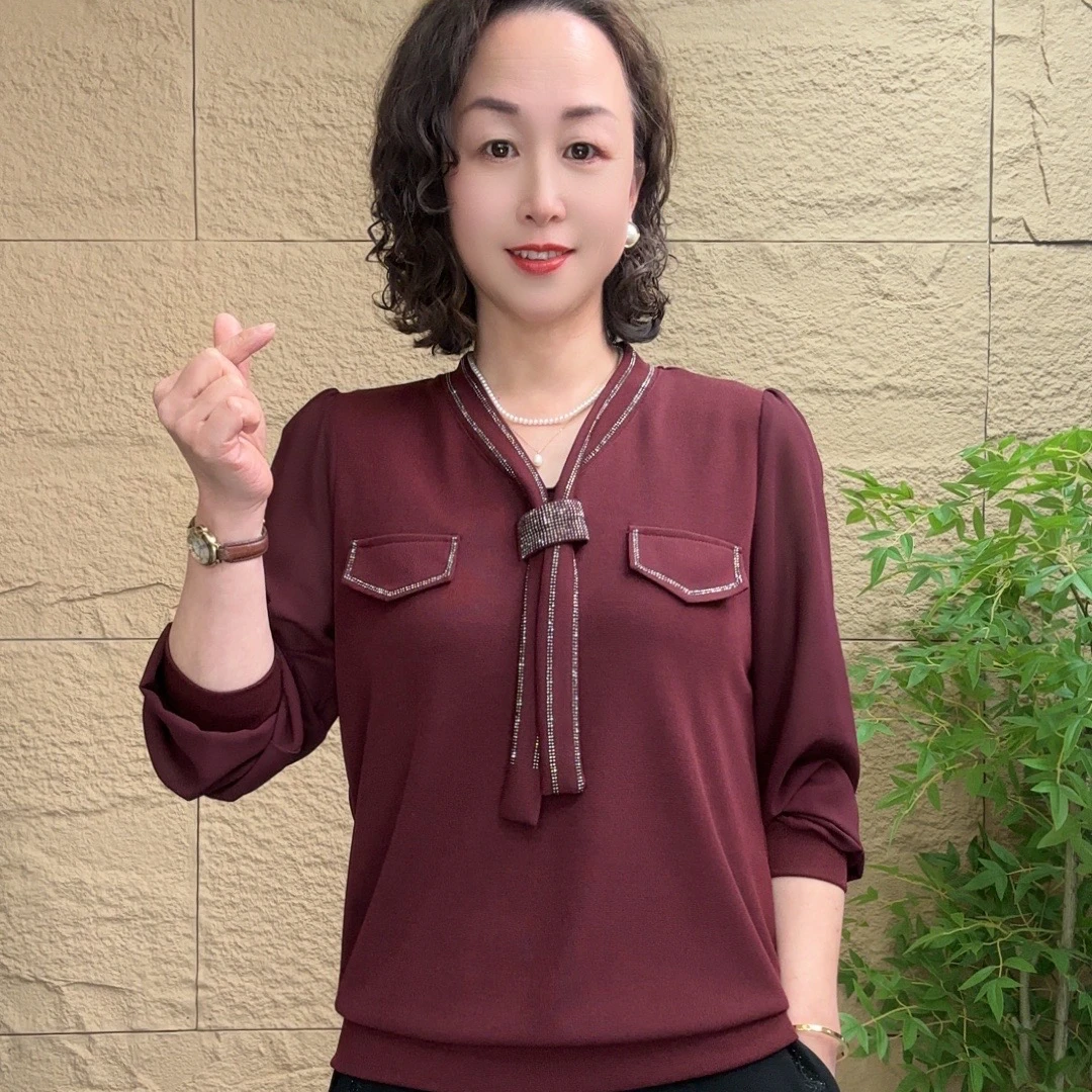 2025春季新款长袖气质飘带中老年妈妈装宽松时尚洋气显瘦休闲百搭