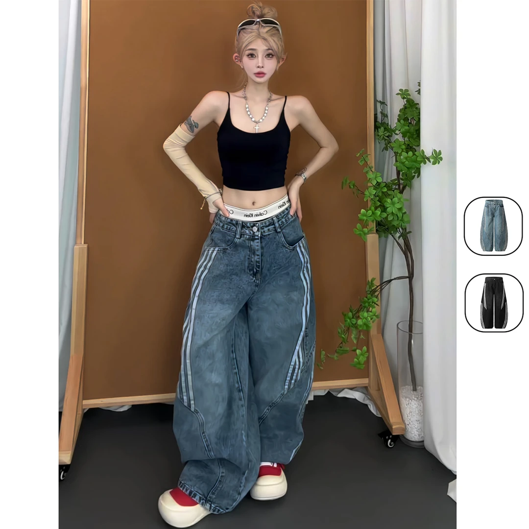 漂亮炮灰 美式复古水洗解构弯刀牛仔裤男女三条杠条纹拼接阔腿裤