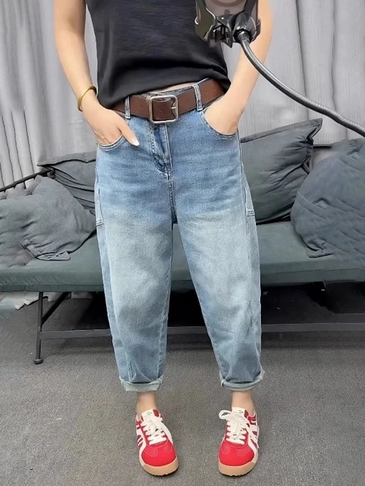 浅蓝色弹力九分哈伦牛仔裤女夏季新款大码胖mm小个子直筒老爹裤