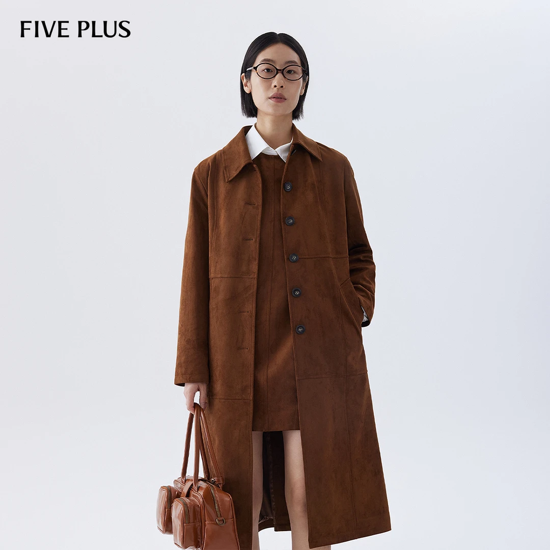 FIVE PLUS秋装长款大衣女麂皮绒外套宽松配腰带美拉德2LN3042100