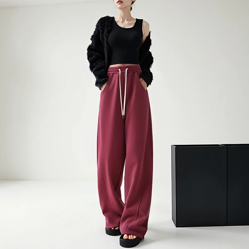 酒红色裤子宽松显瘦弯刀裤女秋冬加绒窄版阔腿裤拖地长裤高腰卫裤