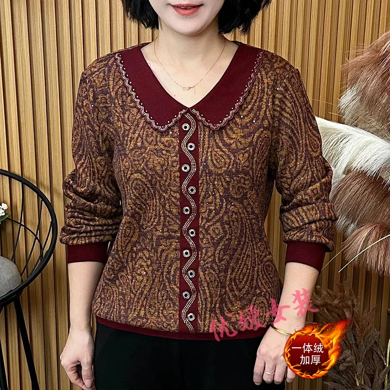 中老年女装冬季烫钻娃娃领加绒保暖显瘦百搭洋气妈妈装长袖上衣