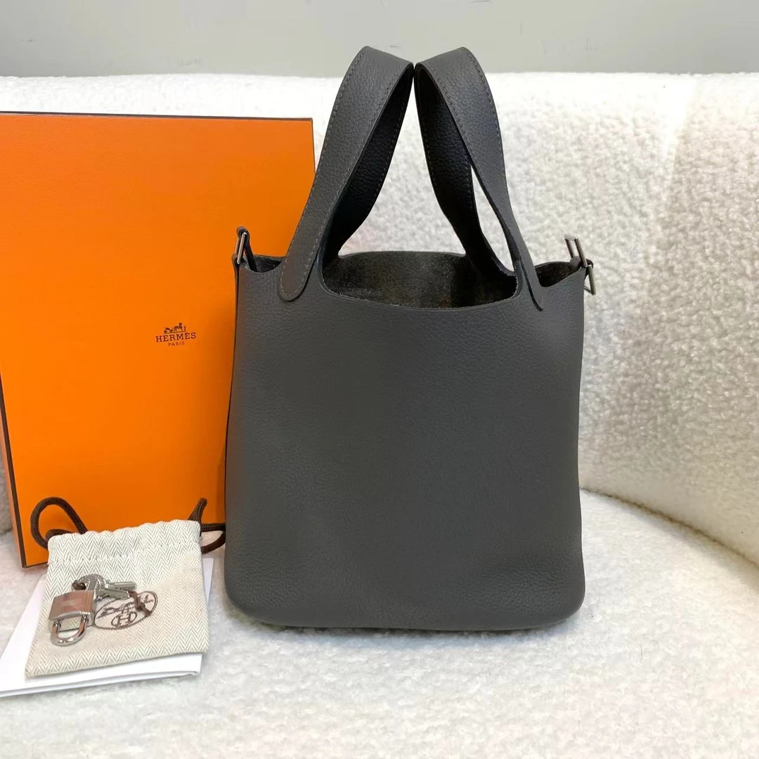 99新 Hermes/爱马仕 壹臻/石墨灰银扣菜篮子18tc 71625429