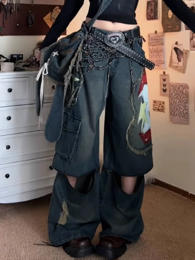 美式复古苹果涂鸦印花可拆七分裤子女2025新款破洞拉链阔腿牛仔裤