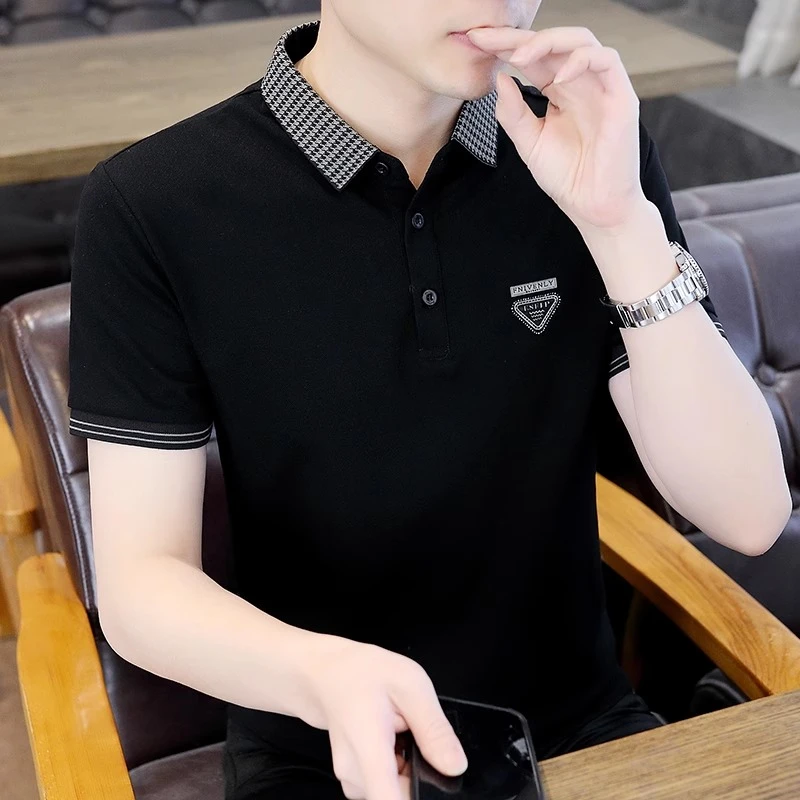 潮牌帅气翻领短袖t恤男夏季商务休闲有带领polo衫黑色上衣服