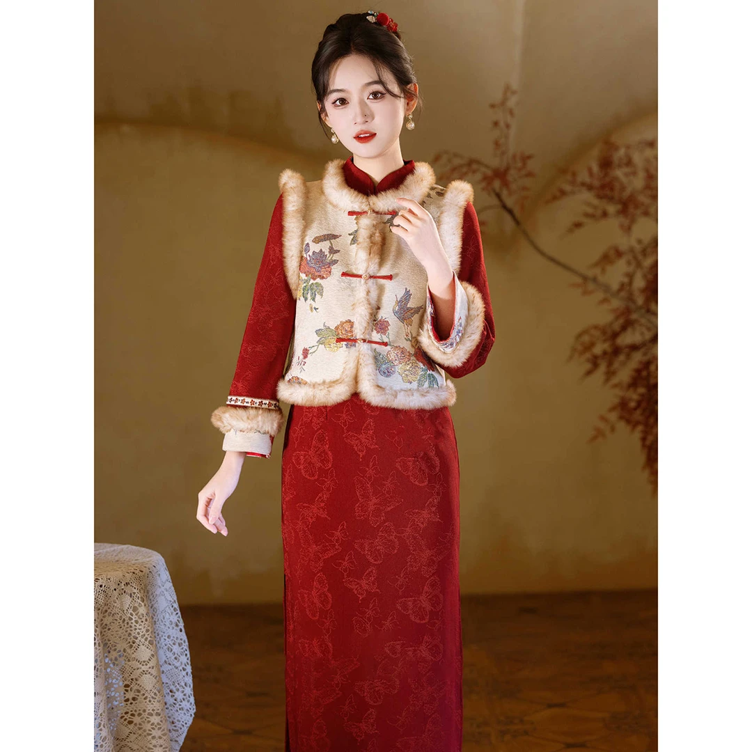 红色旗袍2025新款冬季马甲套装加厚新中式国风过年拜年服新年战袍