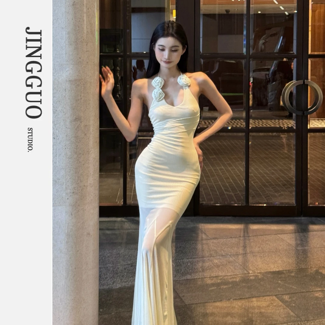 【JINGGUO轻奢】小众设计法式挂脖连衣裙性感露背包臀鱼尾裙7407