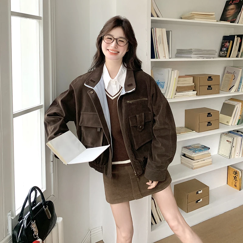 两面穿咖色美式复古工装外套女2025春秋季新款设计感显瘦夹克上衣