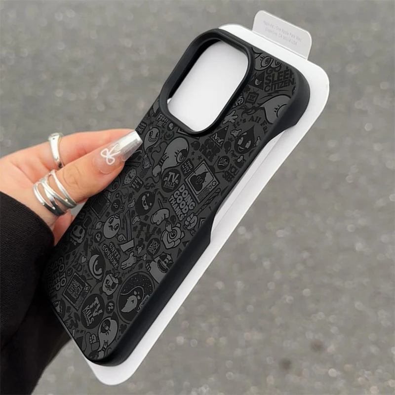 灰黑调涂鸦半包软壳适用苹果16/15promax手机壳iphone14/12/11/13