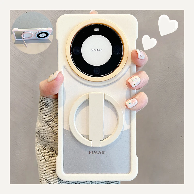 适用华为mate70pro+手机壳透明撞色无边框Mate60pro+圆形折叠支架