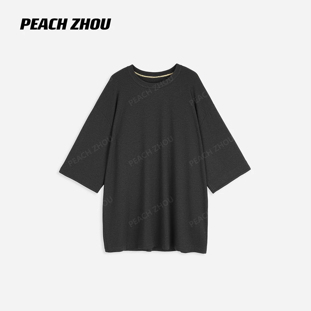 『PEACHZHOU』高弹针织翻边撞色袖口宽松圆领短袖休闲落肩大版T恤