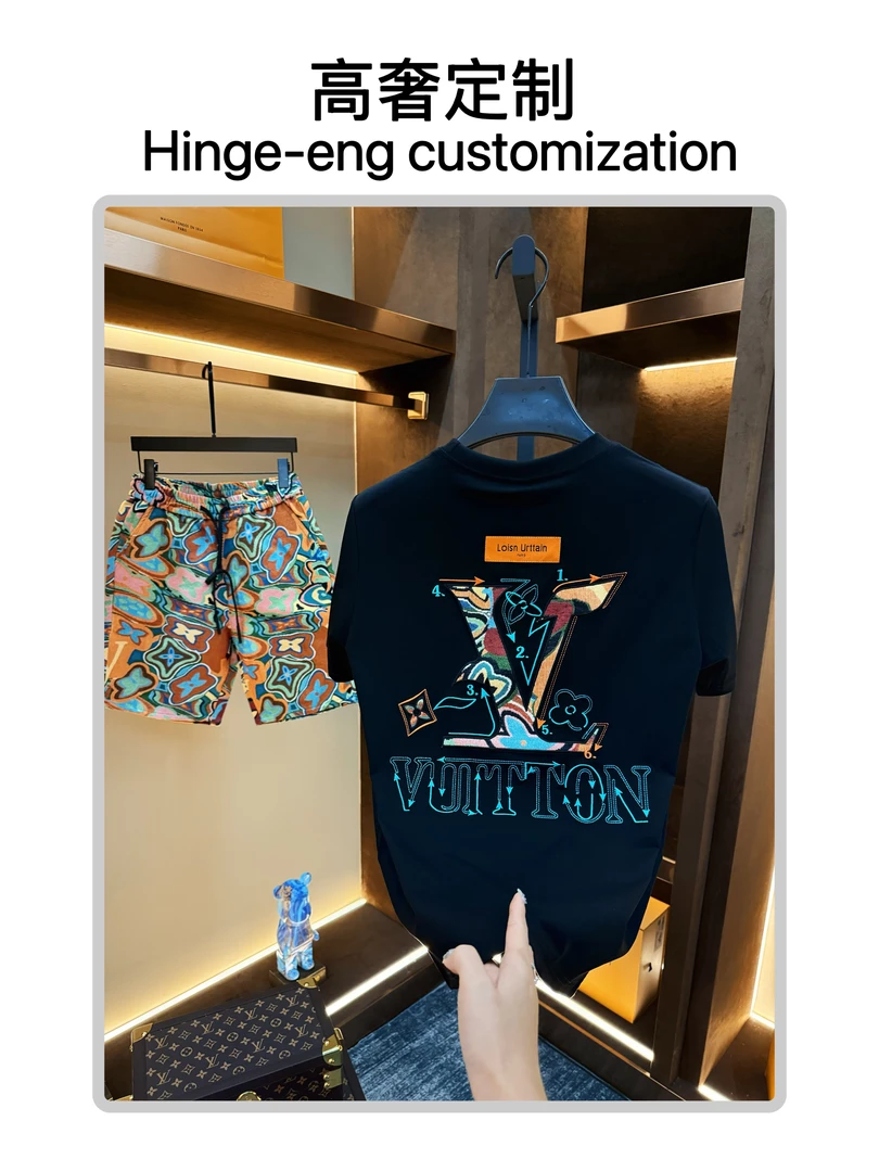 【新款短袖】夏季轻奢休闲高级感贴布刺绣短袖圆领时尚情侣男款3696