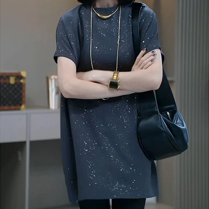 美式重工满天星洋气圆领短袖T恤女2025夏季新款中长款大版上衣潮