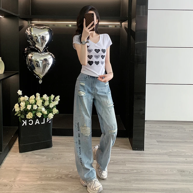 商场同款美式辣妹爱心印花短袖t恤夏季V领正肩上衣短款修身上衣潮