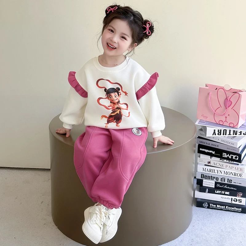 哪吒儿童服装女宝秋装卫衣套装2025新款春秋女童粉红色超好看衣服
