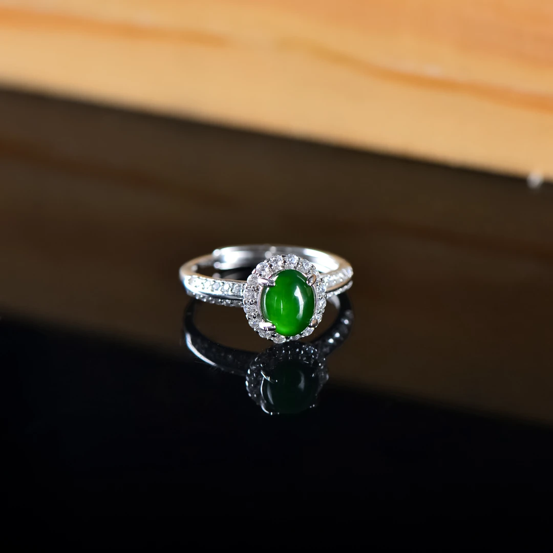 【钰臻禧】天然A货翡翠S925银镶嵌冰绿翡翠蛋面银戒指女士精美配饰