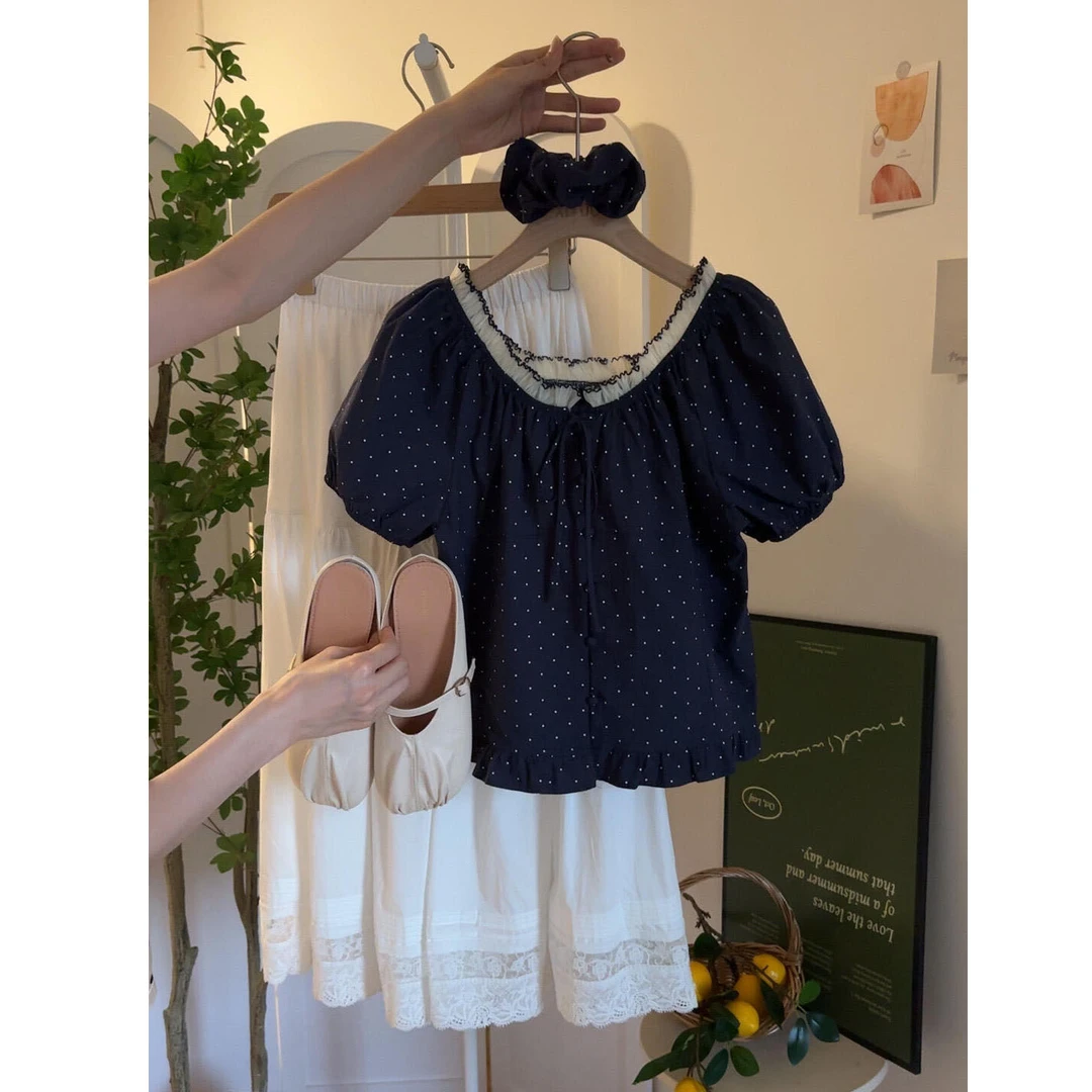 法式甜美风泡泡袖波点蝴蝶结衬衫女夏季小众拼接蕾丝花边短款上衣