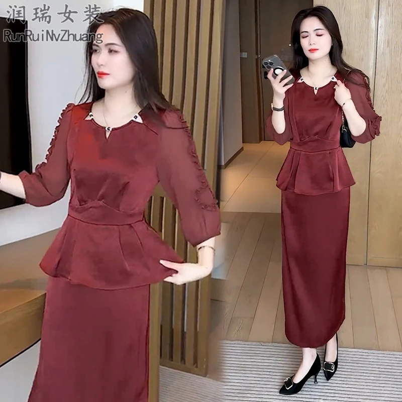 轻熟风七分袖松紧腰连衣裙女2025秋季新款韩版遮肚不褪色中长裙子