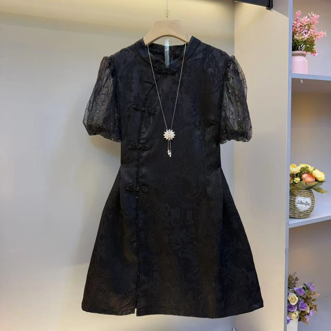 欧货2025新中式提花泡泡袖复古盘扣显瘦改良旗袍连衣裙