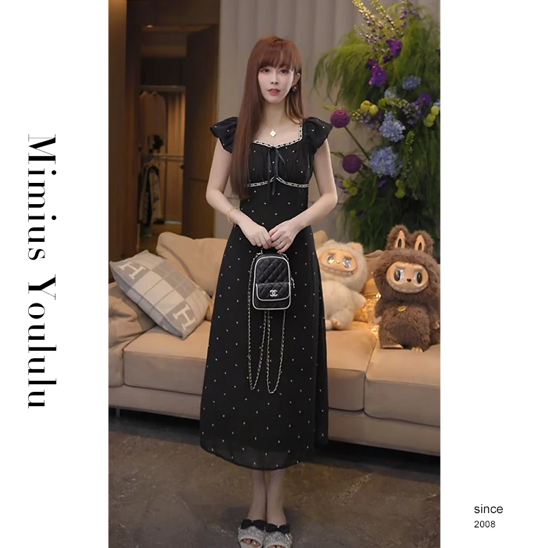 【mimius】肉肉 优雅波点撞色蕾丝拼接收腰连衣裙 G05666