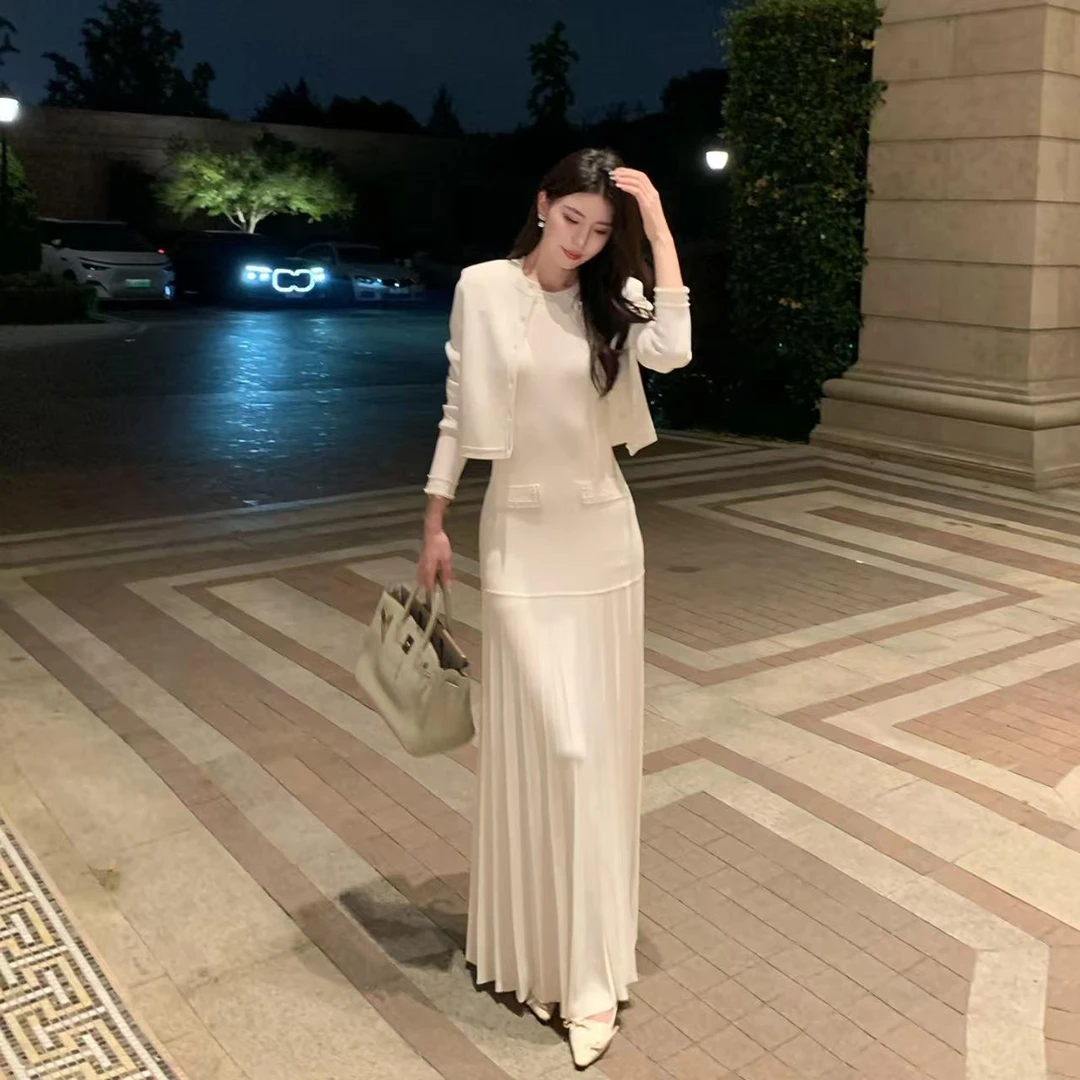 小香钉珠时髦套装开衫叠穿连衣裙镂空提花重工气质两件套早秋新款
