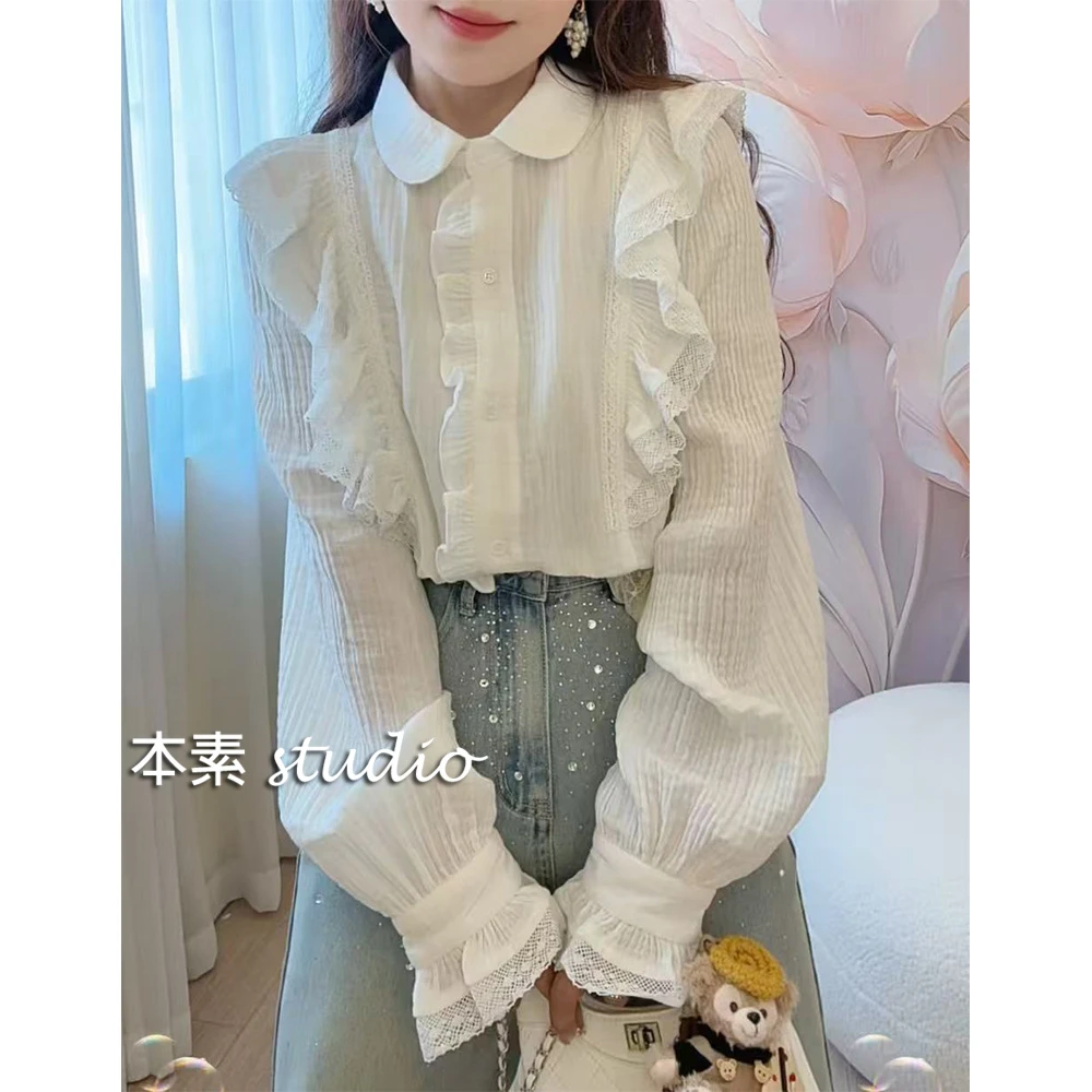 贝壳C3245荷叶边蕾丝全开扣翻领衬衫Y