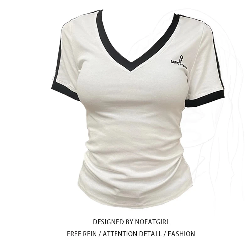 大码胖mm美式V领字母刺绣短袖t恤女夏撞色条纹打底衫修身显瘦上衣