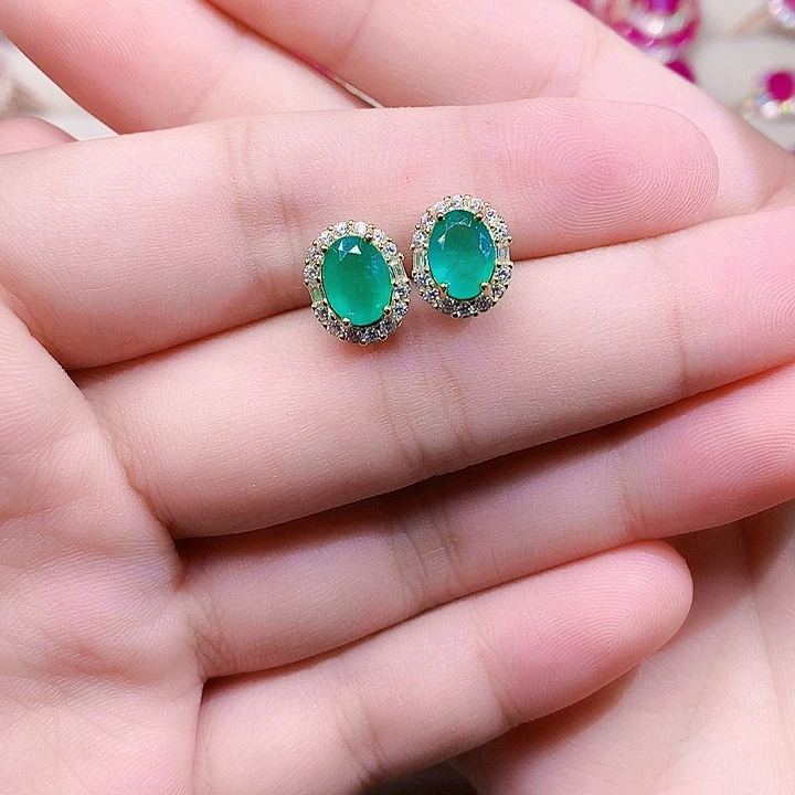 祖母绿耳饰银S925镶嵌