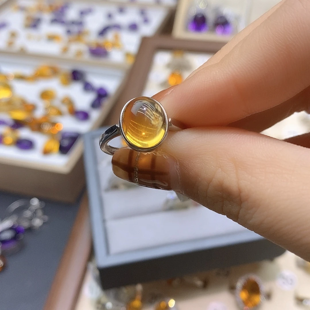 半***醉银S925镶嵌水晶戒指纯天然黄水晶戒指J