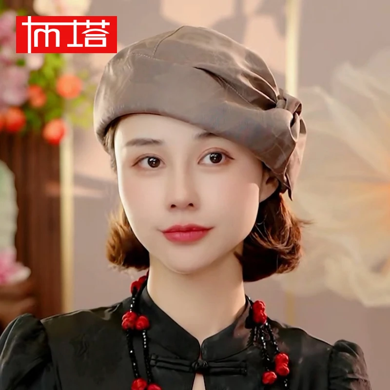 布塔遮白发重磅桑蚕丝花萝贝雷帽透气修脸型蝴蝶结遮阳帽2142