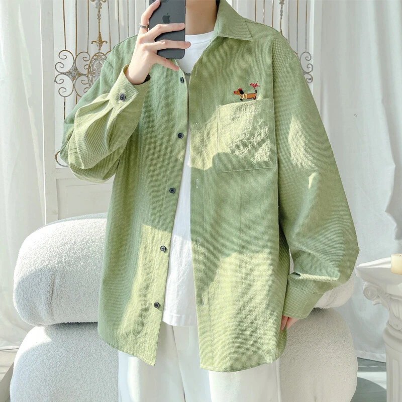 引创长袖衬衫衬衣男士秋季新款港风宽松刺绣潮流百搭休闲上衣外套