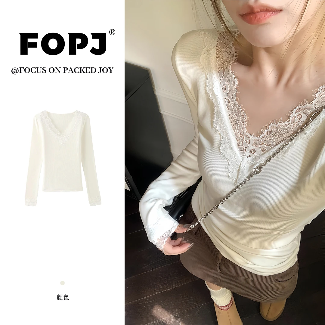 FOPJ韩系蕾丝边拼接V领内搭长袖t恤女春秋时尚修身显瘦辣妹打底衫