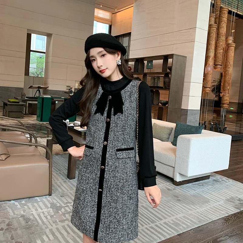 奢姿大码女装2025年秋季蝴蝶结假两件拼接裙子胖妹妹半高领连衣裙