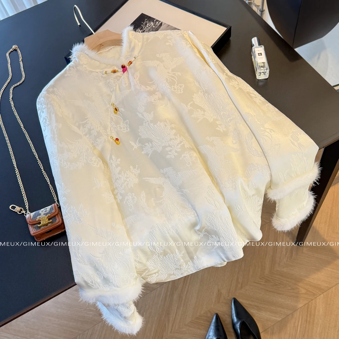 新中式禅意立领盘扣提花上衣女秋冬款毛领拼接气质夹棉衬衫外套