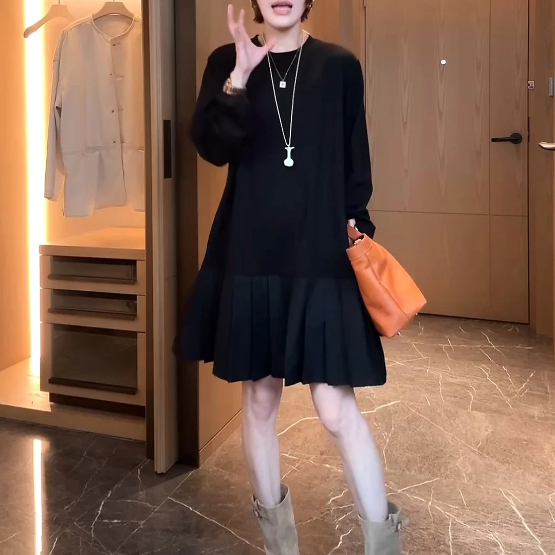 法式时尚宽松遮肚小个子连衣裙2025秋季新款气质减龄长袖百褶T裙