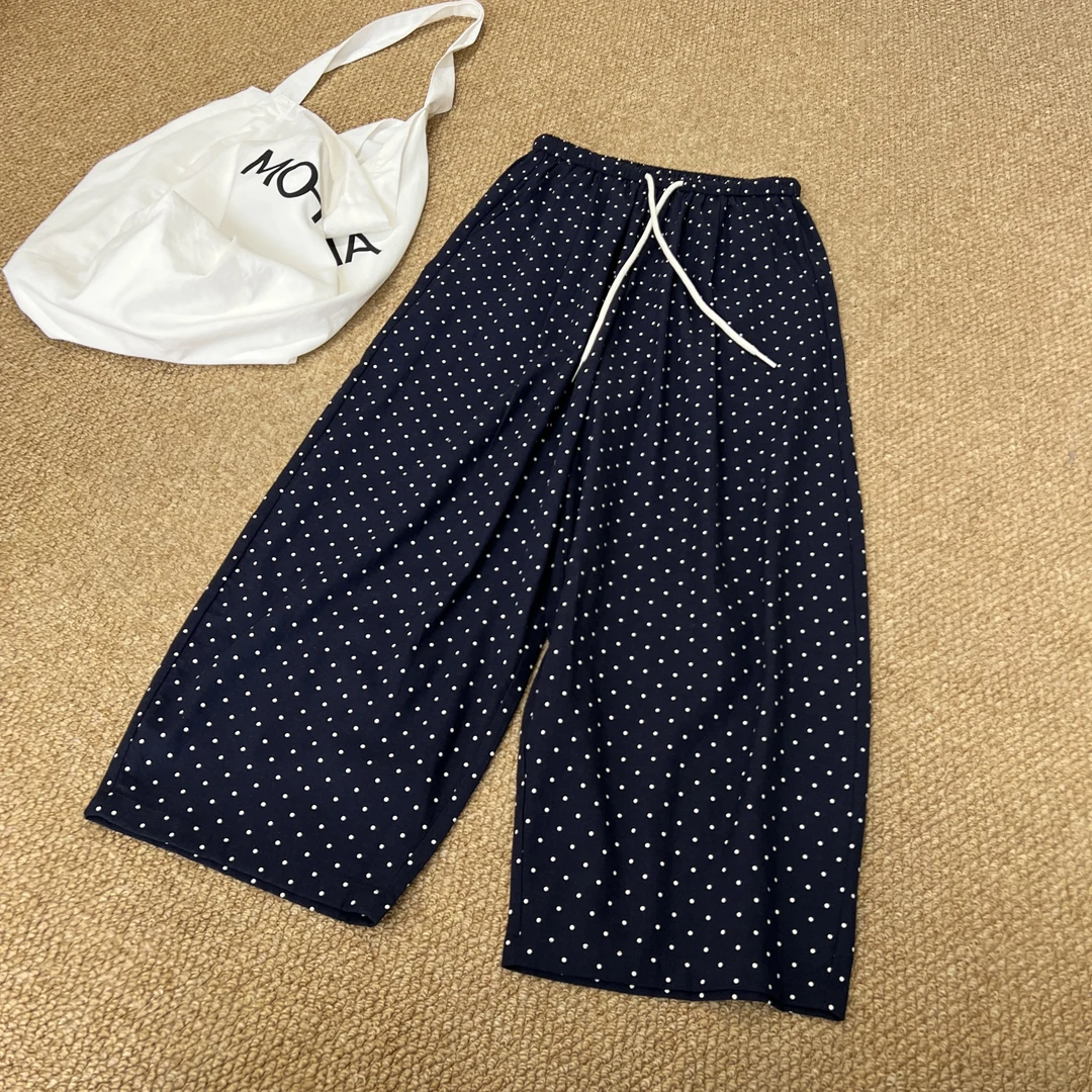 【雨晴】夏季新款韩系波点休闲裤简约百搭显瘦松紧腰抽绳阔腿裤9199