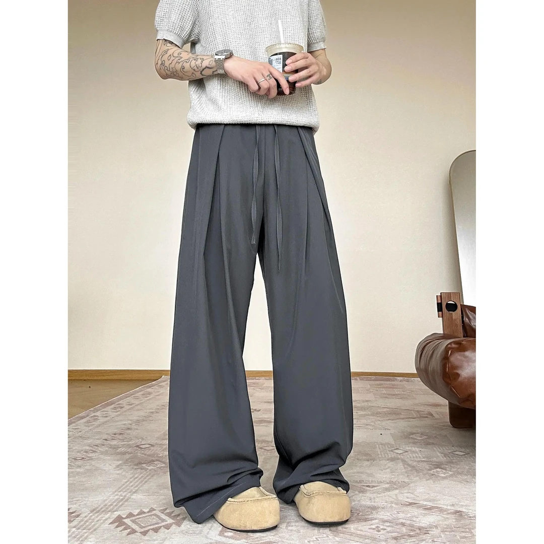 潮牌薄款老钱风冰丝休闲裤男士2025夏季轻薄透气廓形垂感西裤长裤