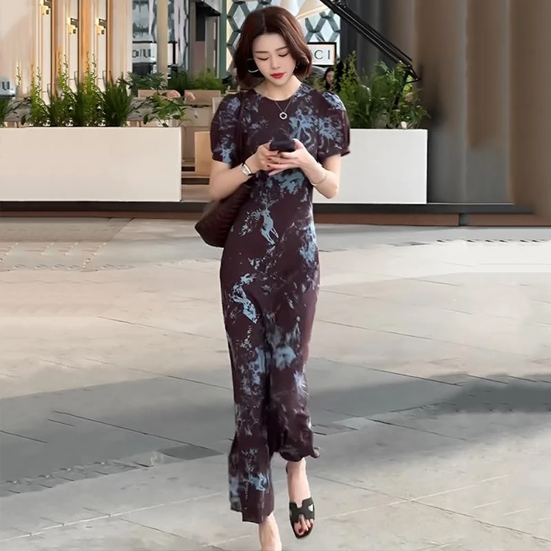 梅森画廊 法式气质晕染圆领短袖连衣裙夏季修身显瘦休闲包臀长裙