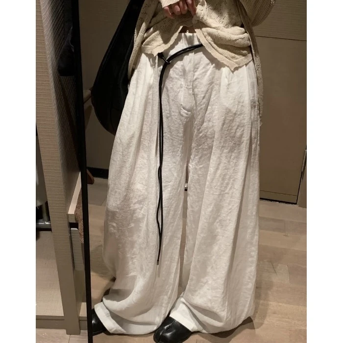 白色棉麻高腰休闲裤女夏季慵懒风阔腿裤垂感宽松直筒裤子拖地长裤