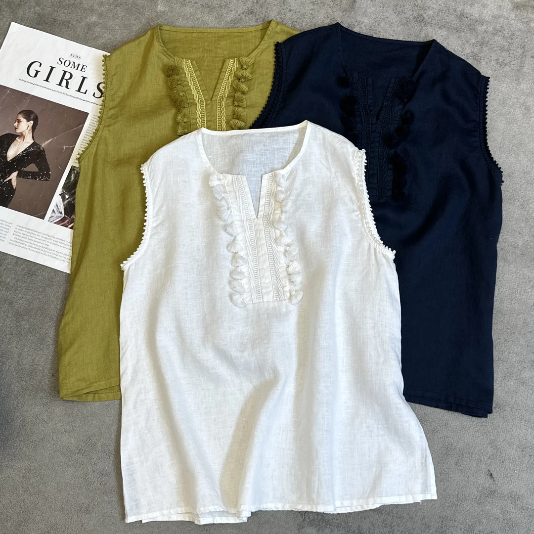 【米可家】流苏剪刀领100亚麻无袖小衫25126